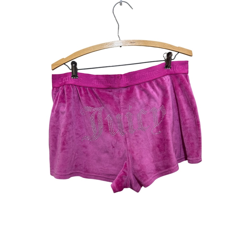 Juicy Couture Pink Velour Rhinestone Logo Shorty Shorts Womens XL Hot Pink Y2K